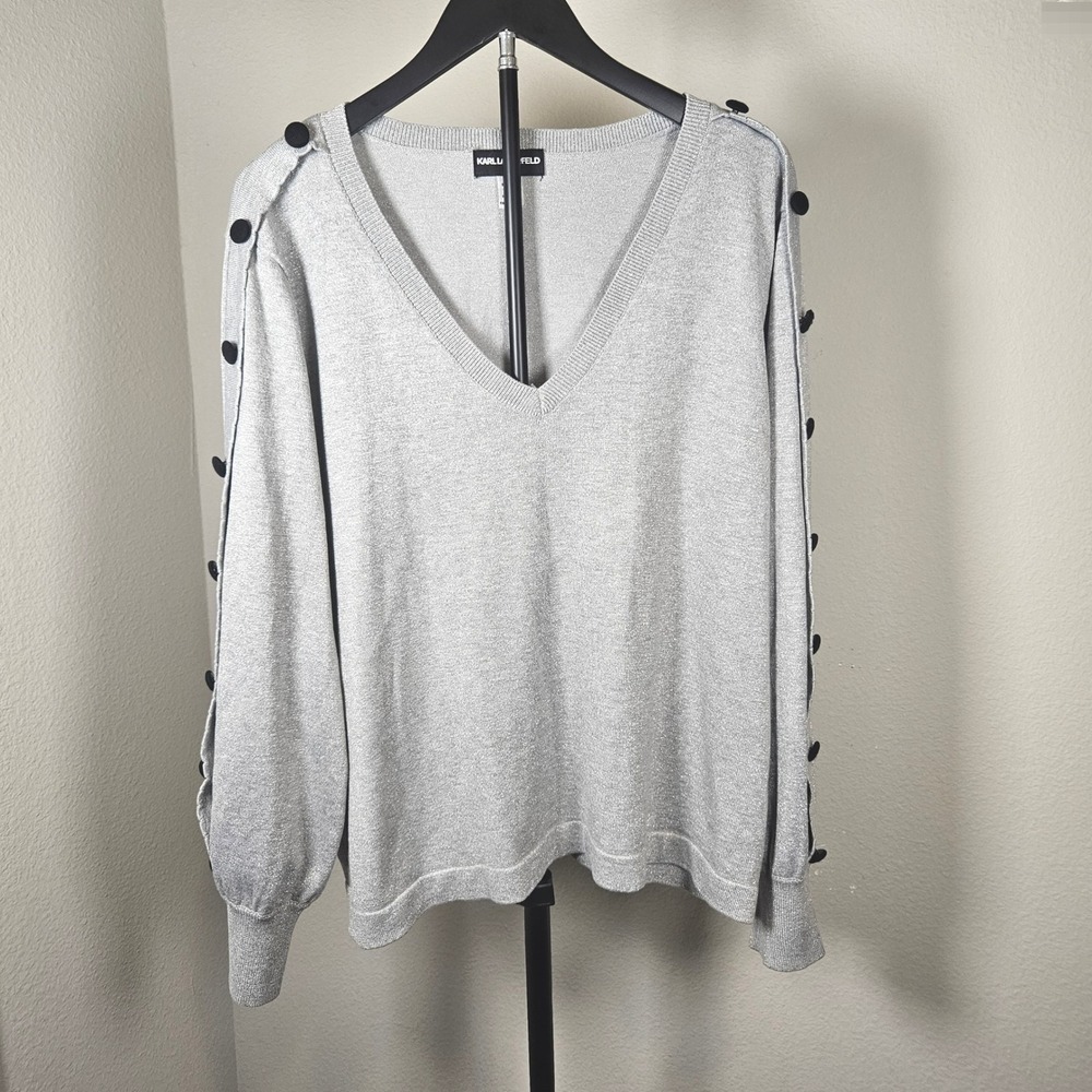 Karl Lagerfeld Sweater Womens XL Silver Excellent V-Neck Metallic Button Sleeve